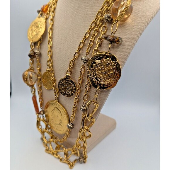Vintage Les Bernard Gold Tone Multi Stand Coin Lucite Long Statement Necklace - Picture 5 of 16